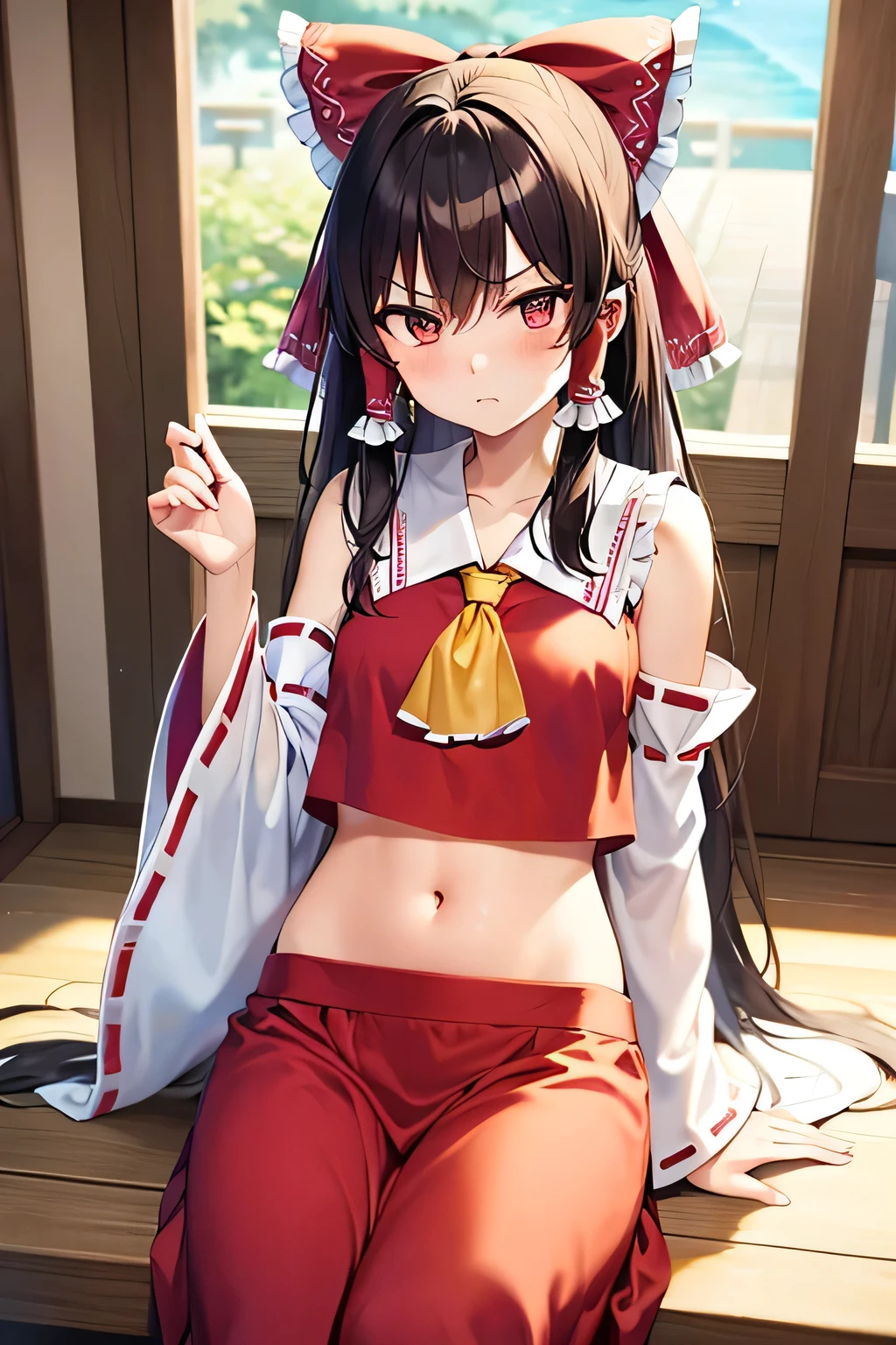 reimu hakurei, (brown eyes:1.5), brown hair, bow, hair bow, hair tubes, long hair, red bow, sidelocks, ascot, bare shoulders, black footwear, detached sleeves, embellished costume, frills, japanese clothes, nontraditional miko, red skirt, navel piercing