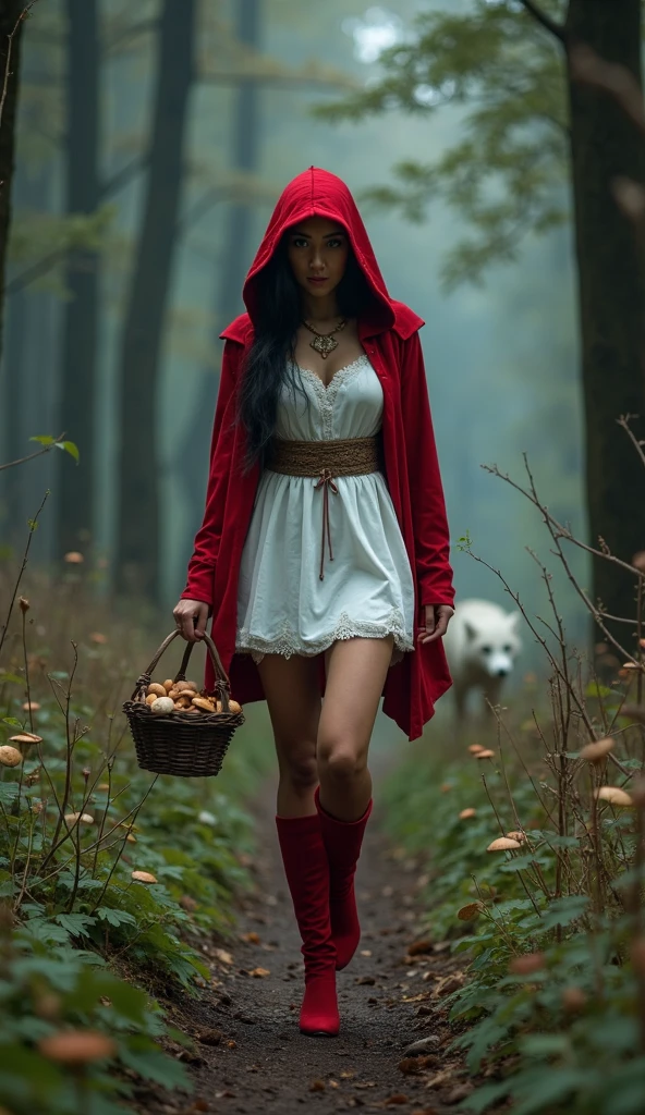 Adriana Lima, thick brown hair, Hot , Ukrainian girl, wavy brown hair, Dasha Taran, pretty beautiful brunette, (solo one girl : 2.0), RAW, Best quality, high resolution, masterpiece: 1.3), Beautiful adult Red Riding Hood, sexy, Monochrome red cape, Graceful walking, holding a basket of fruits, Best quality, high resolution, Masterpiece: 1.3, Gorgeous grown-up Red Riding Hood, Seducing allure, Wearing only a monochrome red cape, Strolling elegantly through the forest, Basket of fruits in hand, Masterpiece, Stunningly Sexy, Adult Red Riding Hood, Monochrome red cape, Exuding grace, Basket of ripe fruits, Detailed figure, Realistic face,