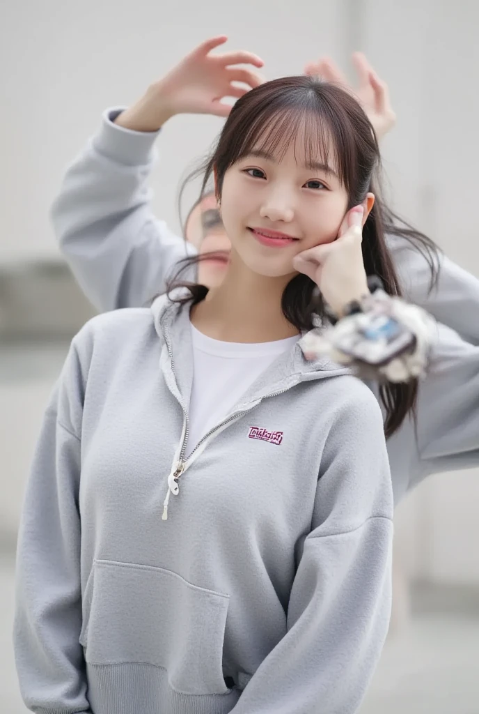 look down from the top of one's head, High Angle, Bird-eye Perspective, Whole Body Visible, Windscreen View, A in a Hooded Zip-Up, Symmetry, Calm Position, Top of the Head Visible, Skirt, Looking Down from Above, Detailed , Clean Backdrop, Angle Seen from Above, Best Quality, HD, A Girl in a Symmetrical , open Zip-Up Hoodie, Knee-Length Skirt, Standing in a Calm, Assertive Manner, Smiling Softly, Japanese Girl, cute girl wearing, I can see everything from my toes, 더 Best Quality, symmetry, carrying a backpack, Background with nothing