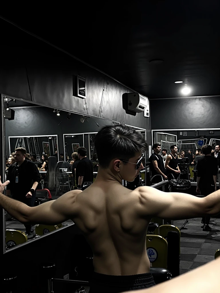 Handsome Men、、Japanese、Slim body、Mash Hair、Completely naked、Full nudity、erection、Back view of a person doing squats in the gym、Face turned to the side、Elderly woman next to
