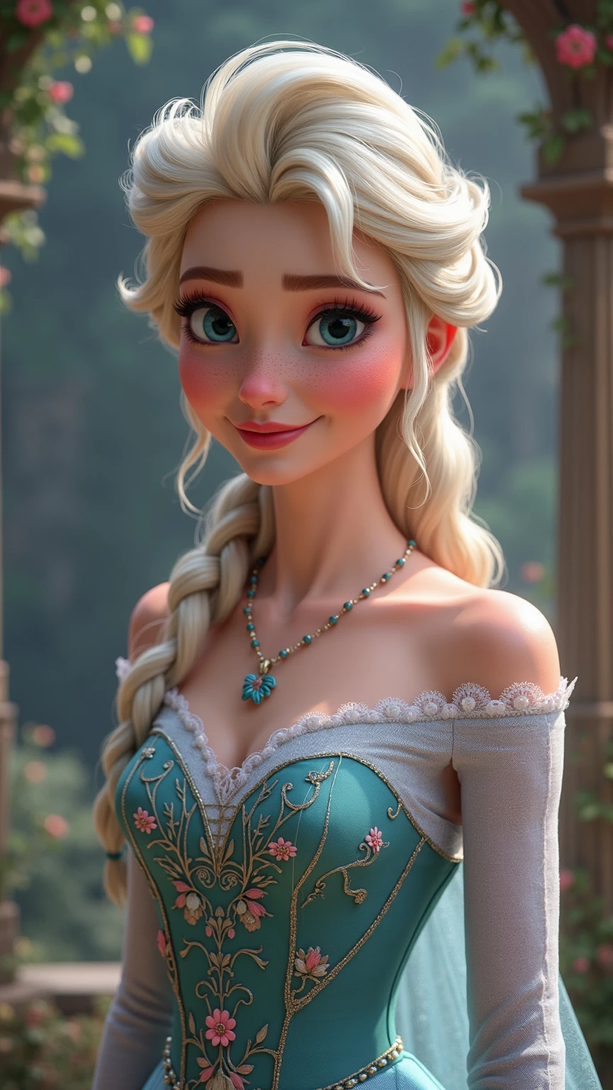 A stunning portrait of Elsa, young and beautiful, hyper realistic, real portrait, backlit, exquisite features, cleavage