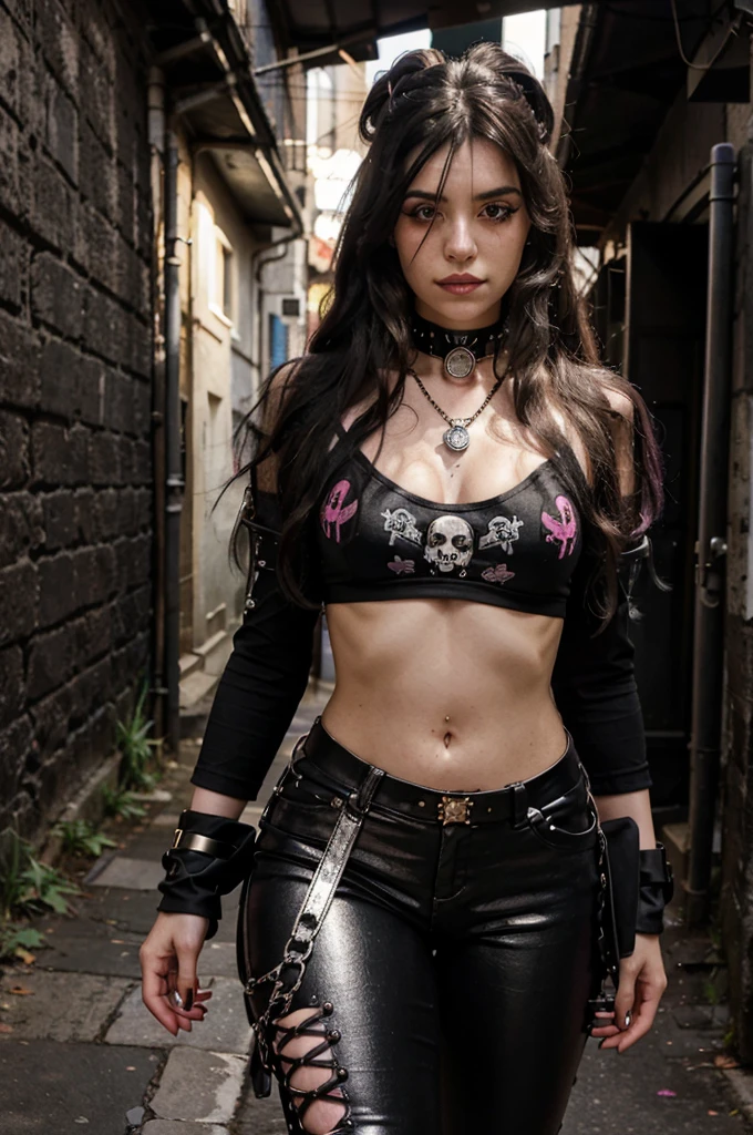 me gere uma imagem de uma garota demonio de cabelos brancos curtos, wearing gothic clothes and platform boots, em estilo anime, make her have gray skin, bat wings plus I want her to wear denim shorts with a leather belt and chains attached to it. I also want her to wear a spiked choker and a leather jacket with a black top. I want her to have black steel gauntlets and be a little muscular