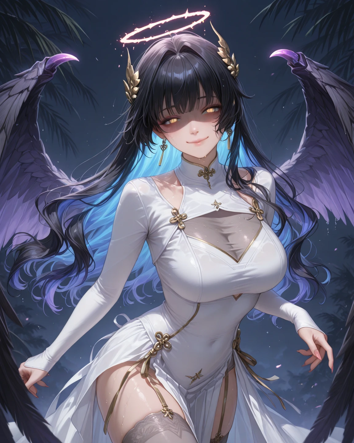 (8k, best quality, tmasterpiece:1.2),\(eye detailed\),\(Facial features\),(\(Clothes detail details\)\),UHD, retina, anatomically correct, textured skin, super detail, best quality, highres,The girl fell from the clouds,1girl,This maiden is a fallen angel,(She has angelic snow-white swan wings and demonic purple-black bat wings:1.3),(On the left are angel wings,On the right is the Demon Wings:1.3),Broken marble pillars,Gravel dust rises,The sense of sacredness
