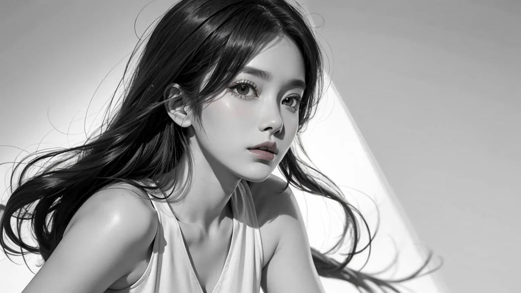 hanfeng, 1girl, greyscale, solo, monochrome, long hair, looking at viewer, parted lips, realistic, lips, bare shoulders, off shoulder, nose, simple background, white background,
best quality,high resolution,photo_\(medium\),photorealistic,realistic,finely detail,extremely detailed,