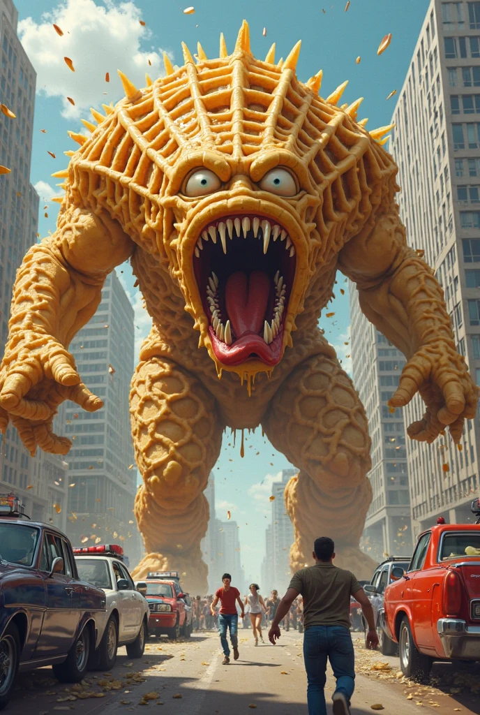 Create a living mutant arepa, eating humans, Now comes a giant who fights with the arepa