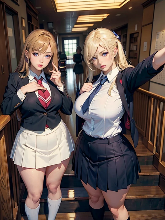 2 girls, blond, Uniform and miniskirt, roromiya, ririchiyo, , No underwear, shaved vagina, ascot, masterpiece, White background, best quality