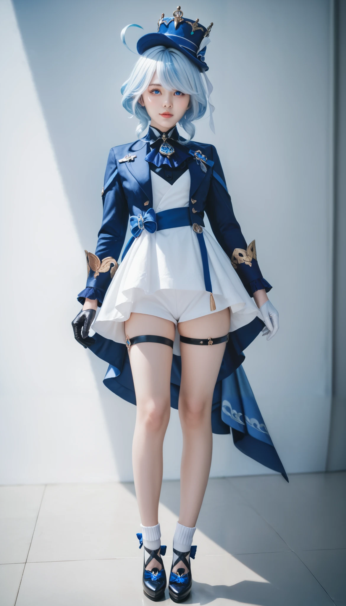furina, furina, blue eyes, blue hair, cowlick, ahoge, hair over one eye, light blue hair, short hair, 1 girl
BREAK asymmetrical gloves, black gloves, frills, gloves, half gloves, hat, shorts, tailcoat, thigh strap, top hat, white gloves, white shorts,
BREAK looking at viewer,
BREAK indoors,
BREAK (masterpiece:1.2), best quality, high resolution, unity 8k wallpaper, (illustration:0.8), (beautiful detailed eyes:1.6), extremely detailed face, perfect lighting, extremely detailed CG, (perfect hands, perfect ???????),