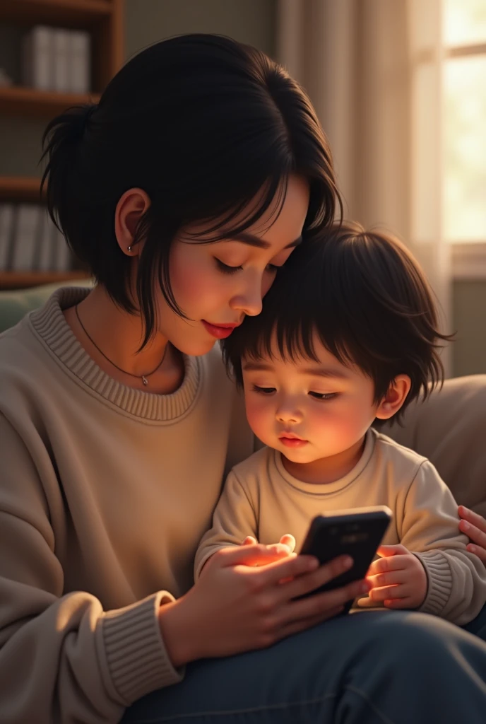 A baby reading a book and mother is watching mobile