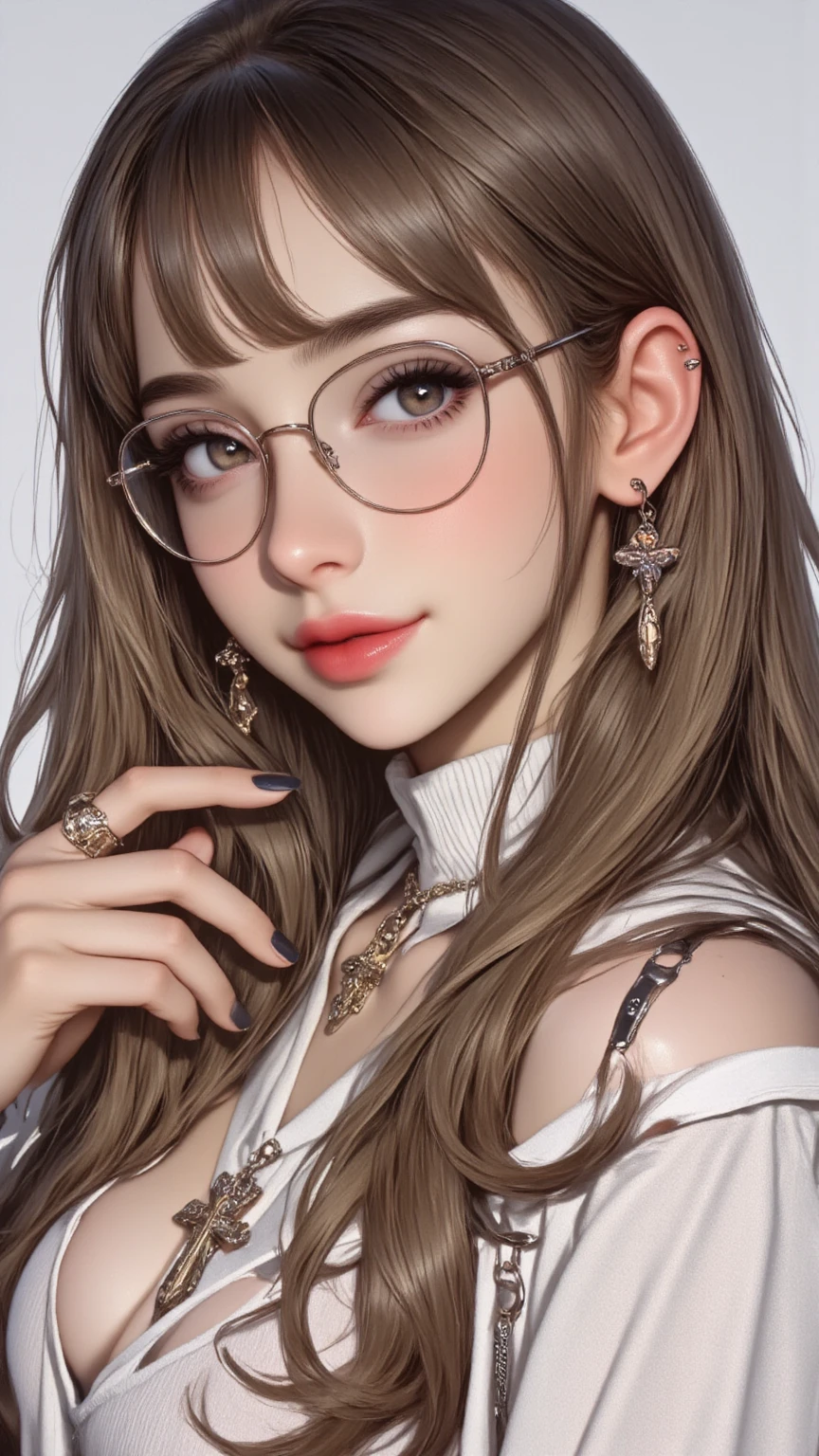 1 girl, japanese, 4k, realistic, shiny skin, robotic joints, long whavy brown hair with bangs, purple eyes, purple eyeliners, shining red lips, freckles, very large breasts, golden necklase, golden earings, big round glasses, unbottoned white school uniform, boob tent, smile, closed mouth, blushing, bright colors, blurry background, close up, face focus.