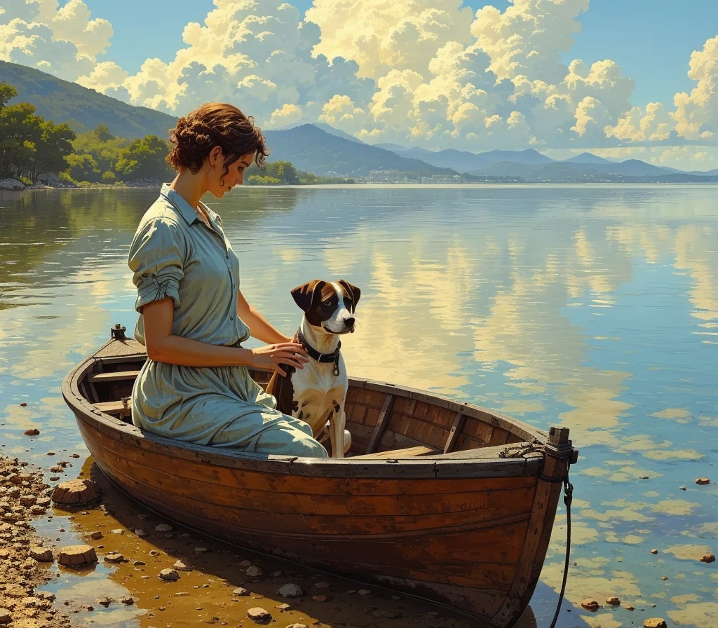 xilmo, anato finnstark, nababa, masterpiece, best quality, 1girl, mature female, orange hair, short hair, ponytail, (muscular), cropped shirt, off shoulder, collarbone, midriff, abs, sitting, relaxing, river, cloudy sky, light rays, boat, dog, (welsh corgi), scenery