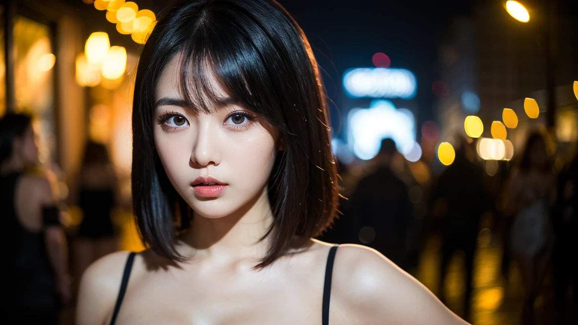 Highly detailed CG Unity 8k wallpaper, top quality, super detailed, masterpiece, 1. Beautiful girl in night club, close up of face, looking directly in camera, realistic, photorealistic, highly detailed cute girl, 20 years old, ((black hair: 1.4)), ((dyed black)), (gal), round eyes, a detailed face, Studio light, Professional lighting, (beautifully detailed eyelush, parted lips, semi-body shot, (nice dress for night club), ,short hair,