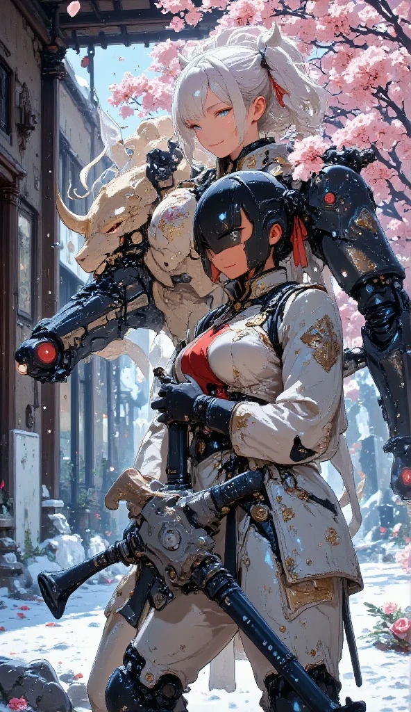 sky, clouds, holding_weapon, no_humans, glow, samurai robots, architecture, science fiction, cities, reality --v6