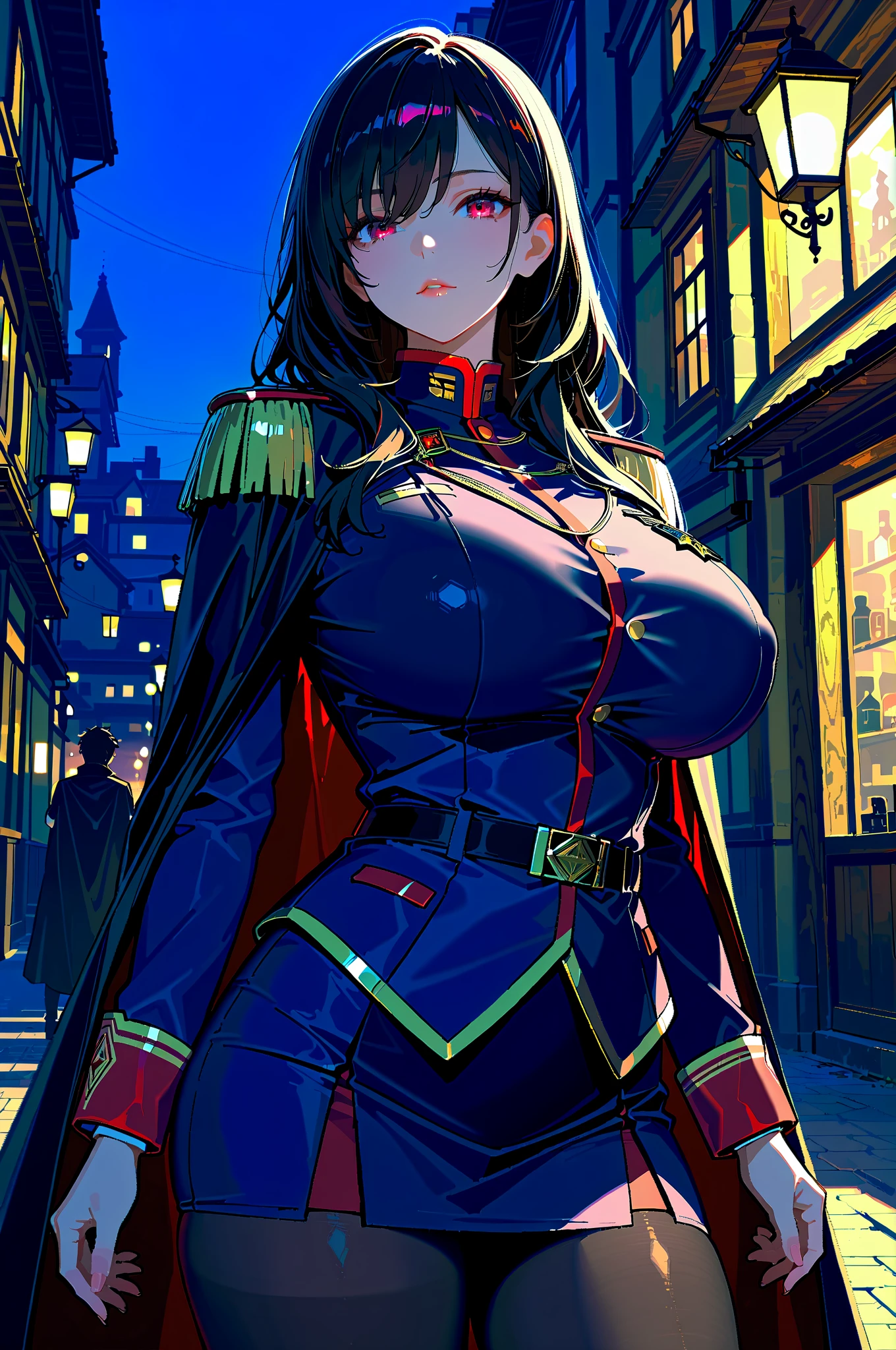 (masterpiece:1.3),(best quality:1.1),1girl,high quality,highres,absurdres,textless version,huge breasts,narrow waist,solo,cape, looking at viewer,sagging breasts,Industrial wind,Chinese architecture,full_shot,night,night sky,LoPoBiaElaine,1girl,solo,very long hair,blue eyes,pleated skirt,miniskirt,green shirt,black hair,green gloves,bare shoulders,hairband,sleeveless,brooch,green skirt,seductive smile,open clothes,