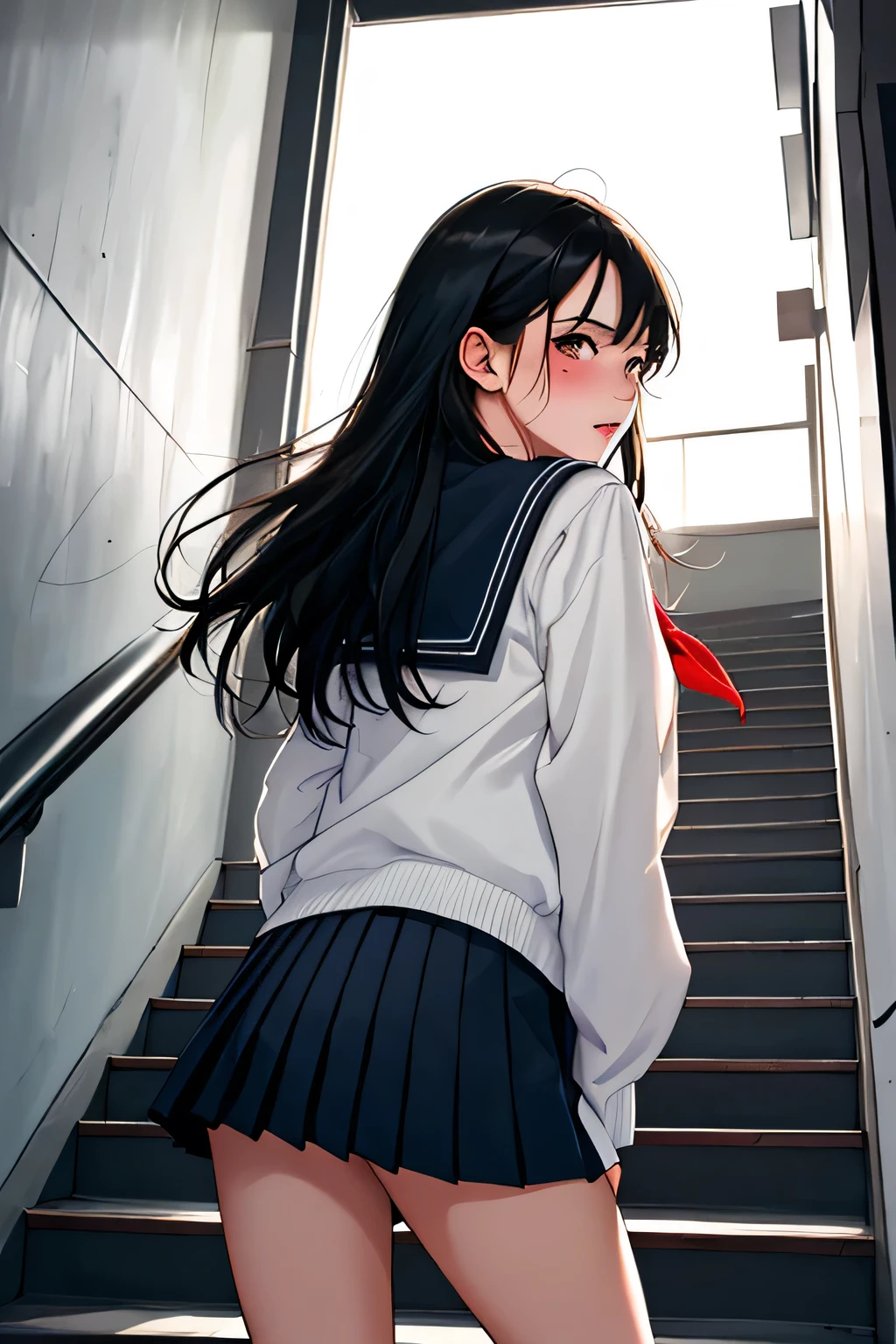 from below, school stairs, 1girl, black hair, looking back, slightly fake angry, shy, embarrassed, blush, staring to viewer, Place back her both hands on the skirt:1.4, sailor uniform, pleated skirts, dim, dark, (super detailed, highres, 4K)