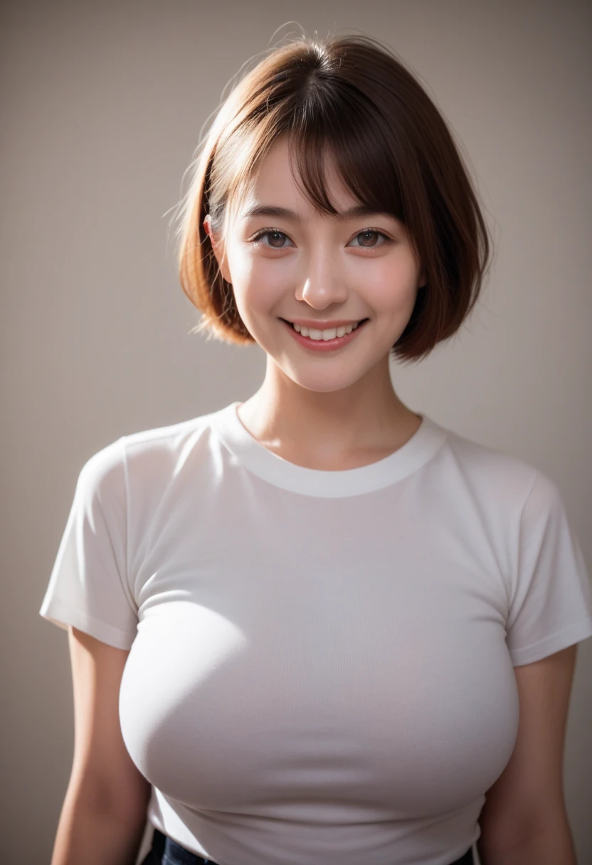 Top quality, 1 beautiful woman, super short Hair, shy Smile, wearing t-shirt, From Above, sexy