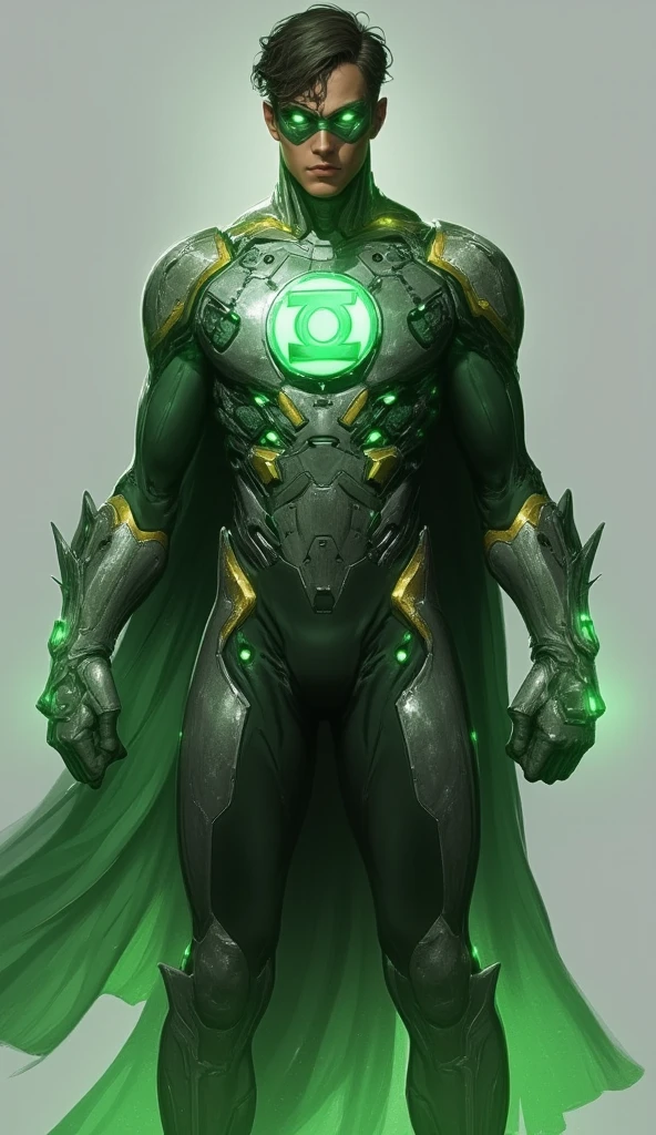 Batman Green Lantern from DC photography, biomechanical, complex robot, full height, hyper-realistic, insane small details, extremely clean lines, cyberpunk aesthetic, a masterpiece featured at Zbrush Central