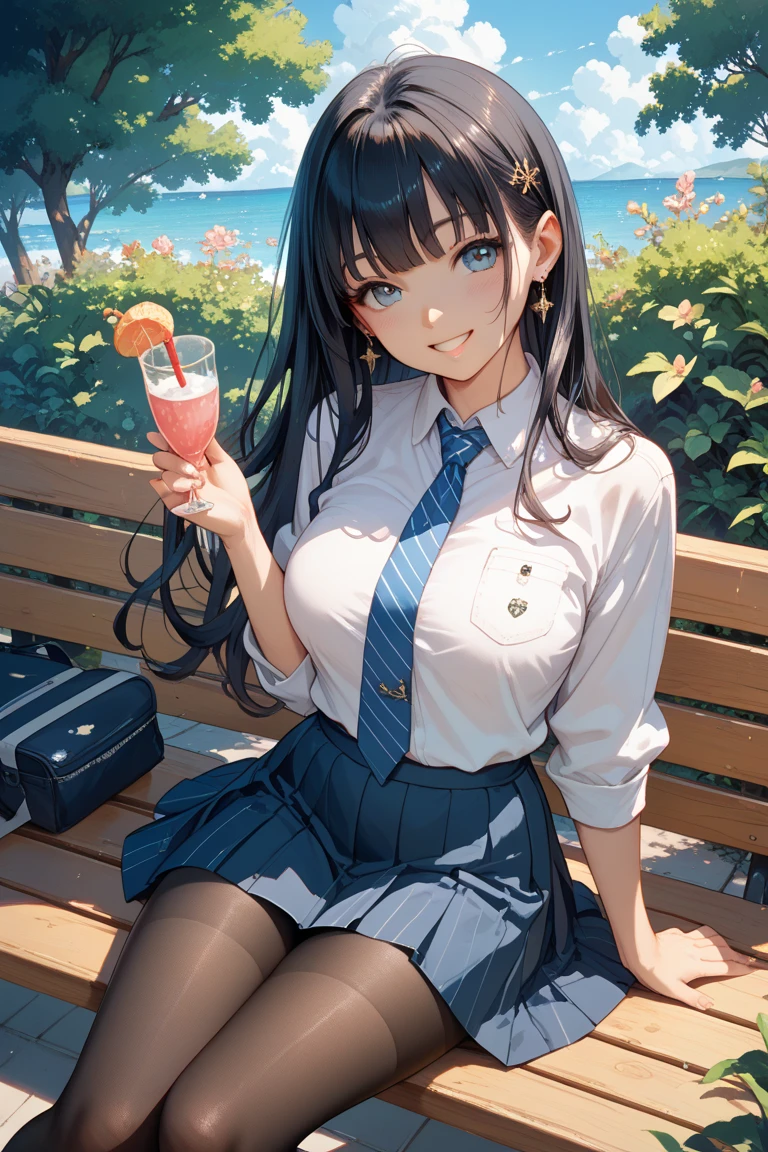 Highest quality,Highest Resolution,Beautiful girl with black hair in work clothes in the park,sunny,Open your mouth wide and spit a lot,Tears,Sweat profusely,Big Breasts,(((Drink a drink))),Transparent nipples,Very beautiful eyes,
