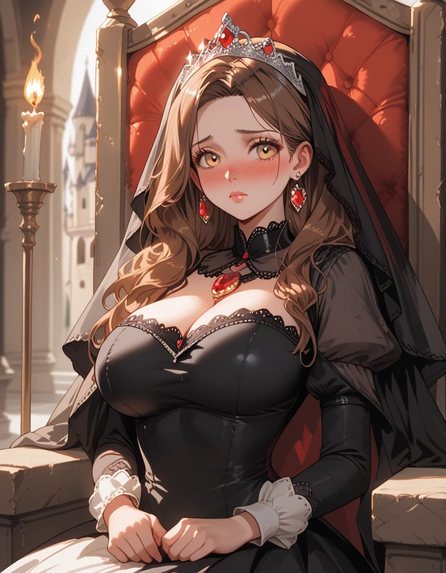 masterpiece, best quality, finely detailed, maximalist, 4K, 8K, high resolution, extremely delicate and beautiful, black-haired chubby beauty, aged 20, adorned in a captivating black and red long-sleeved ball gown, her face adorned with strong pink makeup, gorgeous dark-blue eyes accentuated with intricate details, her lips, too, delicately rendered in detail, striking a suggestive pose, flashing an evil smile, her hair cascading down to her waist in a long, black ponytail, with a light and transparent veil filling the scene with charm