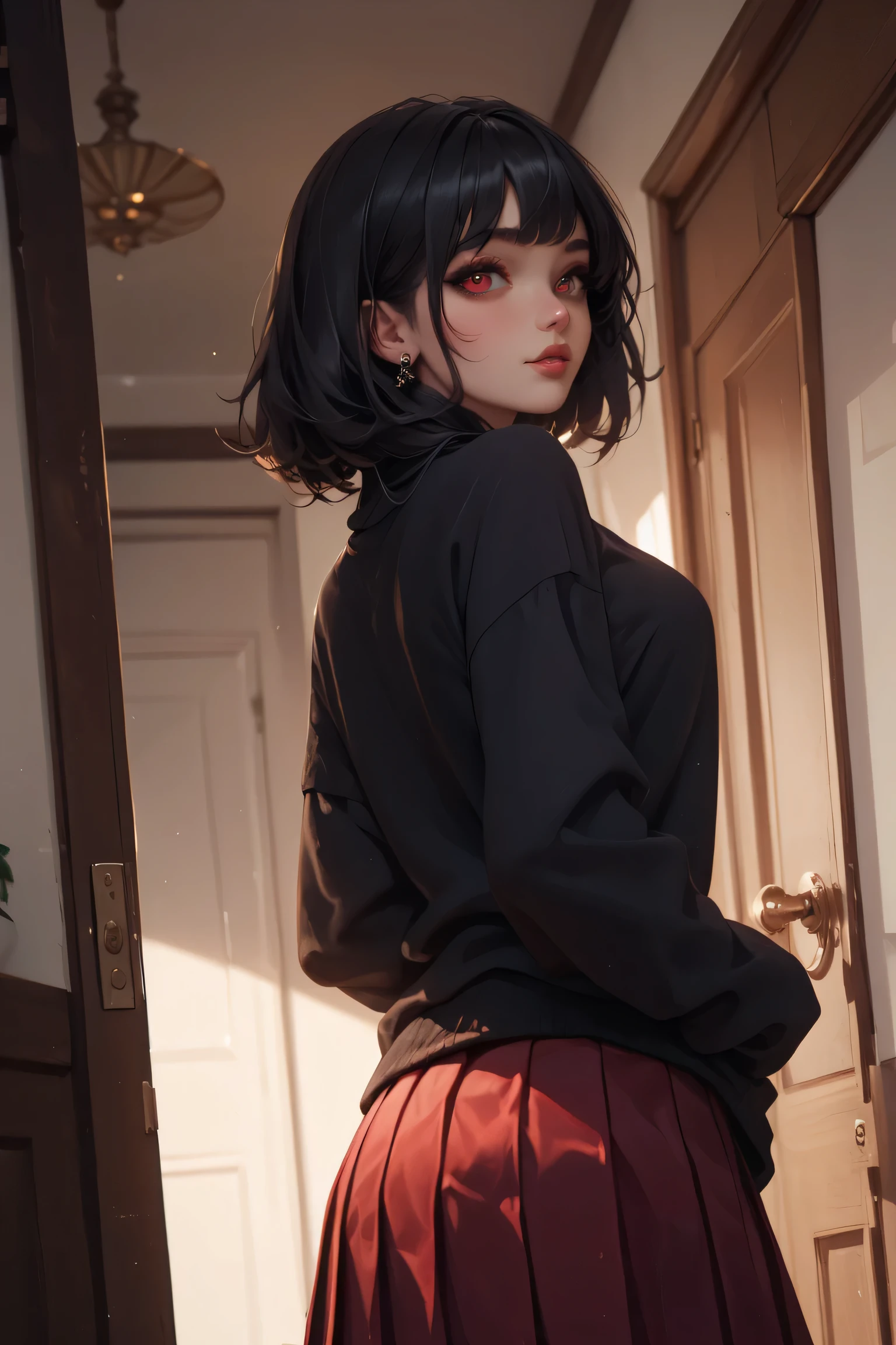 , choppy black hair, red eyes. She wears oversized sweaters, pleated skirts. View from the door She looks up at you and smiles shyly. the light comes from behind her.