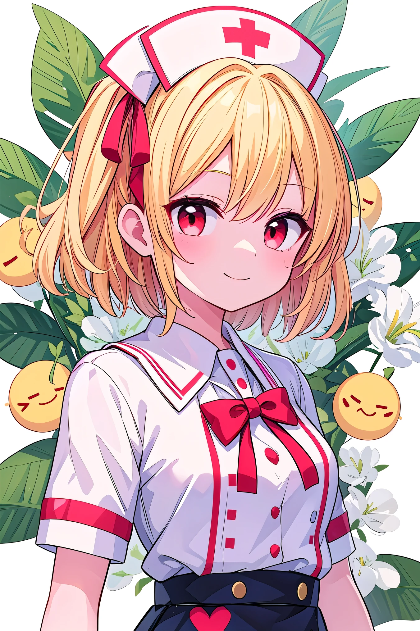 detailed background, masterpiece, Top Quality, Emoji豊か、upper body、1Alone、1By people、1people only、only girl、Flanders Scarlett, , third-tailed yellow hair 、red eyes、 Gold、Short Hair、short hair、about the age of a female college student、Touhou Project、Costume(Wearing nurse uniform)、Wearing nurse uniform、 Emoji(smile)、Pure white background、