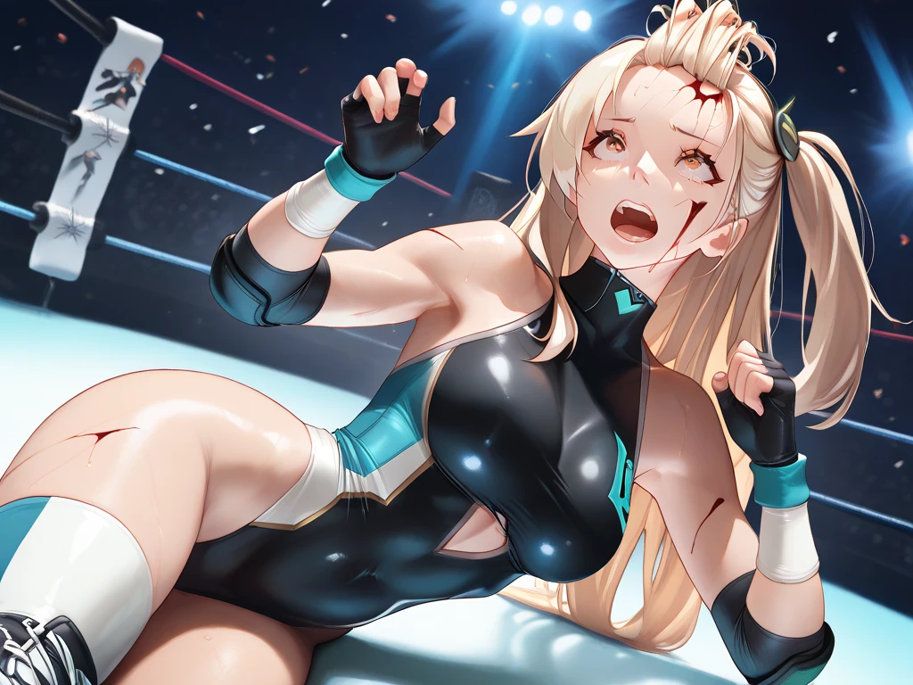Ultra-high resolution, 1 Girl, 18-year-old, (Idols:1.4), (((Sakura Hagiwara:1.4))), (Beautiful detailed face:1),(Beautiful detailed face:1), , ((Best Quality)), Cinematic Light, ,Mood lighting, Blue Hour, (((Perfect Anatomy:1.10))), (Finely detailed face:1.2), (Representative works:1.5), (Best Quality:1.2), looking at another, Lipstick, V Line Jaw, ((Prevents clothing from digging into the skin)), (((Sexual expressions:1.4))), ((Blushing:1.2)), (((Suffering expression:1.5))), ((Blue Eyes)), (The background is blurred), Glossy texture, Strong winds:1.3, (((Very long silver hair:1.6))), (((tears:1.3))), (Perfect Face:1.4), ((Shiny skin:1.2)), (very smooth skin), (((Excessive sweating all over the body:1.4))), (((Sweaty skin:1.3))), White Skin, Slender, Narrow nose, (Narrow waist:1), ((((Tired look:1.3)))), (Half-open mouth:1.3), (Saliva:1.1), (Medium size breasts:1.4), There is cleavage in the chest, Bangs, Light makeup, Small Ass, ((Pro Wrestling Match Venues:1.3)), ((Inside the professional wrestling ring:1.3)), ((Very sexy wrestling costume:1.3)), (Brightly colored wrestling costumes:1.3), ((Intricately designed black and gold wrestling costume:1.3)), (Patent leather long wrestling boots), Thimble Skin Gloves, (((Lie on your back))), (((Spread your legs))), (((Top view))), ((((High angle)))), ((((No genitalia depicted)))),