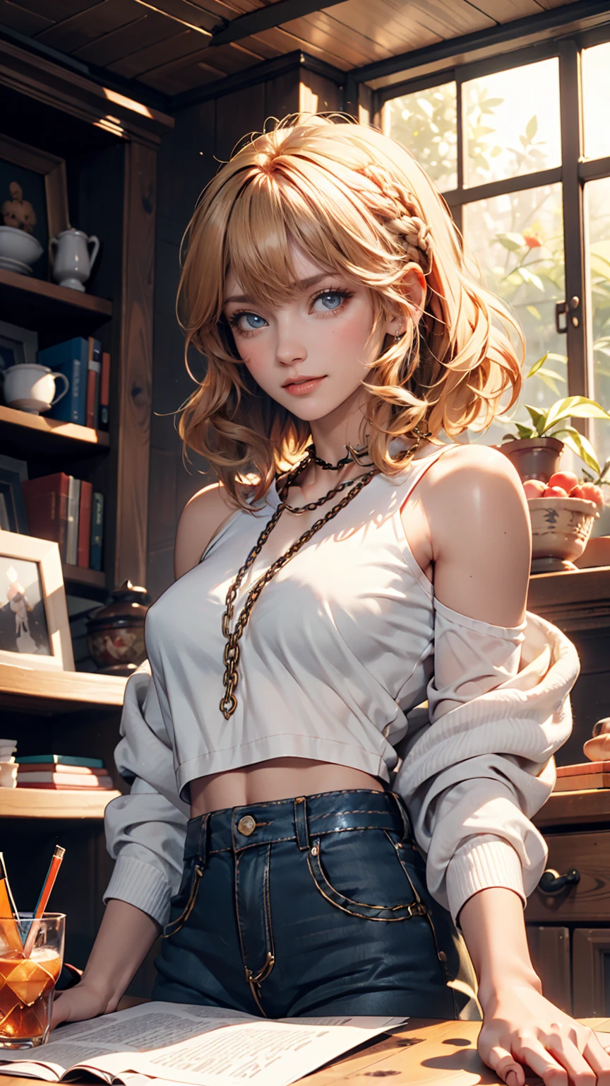 (masterpiece, best quality, hires, high resolution:1.2), (beautiful, aesthetic, perfect, delicate, intricate:1.2), (cute, adorable), (depth of field:1.2), (1girl, solo), (a sexy mature woman), (eyeshadow, eyeliner, glossy lips), (blonde hair), (tied hair, ponytail), (at a game store), (pink puffer jackets), (tight tanktop), (short shorts), (fishnet stockings), navel, (console boxes, game posters), (stacks of game boxes), (cowboy shot:1.4),