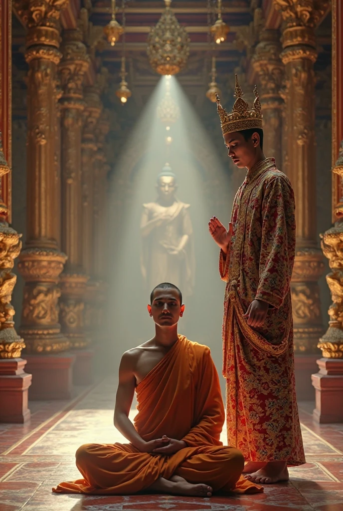 During Buddhist Lent, there is a large white stucco Buddha image. Monks in Thailand meditate, clothed but not wearing angsa. Has clear muscles, white skin, and a handsome face. Beaming Looks happy while meditating. Three people with freshly shaved heads and eyebrows. The backdrop is a golden Thai-style pagoda at night. There is a full moon floating in the middle of the sky with twinkling stars. Realistic picture.
