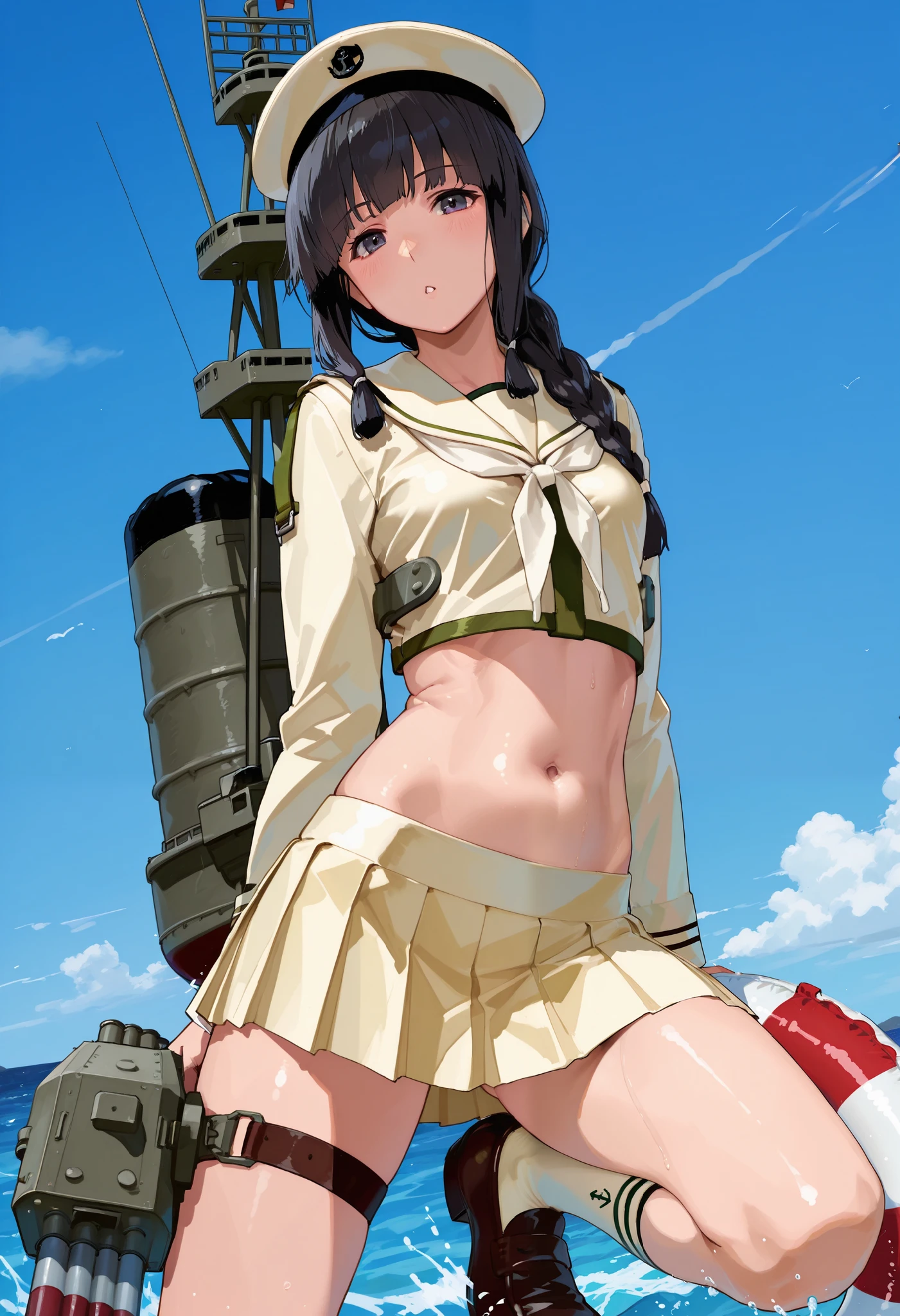 Kitakami [Kai Ni Outfit] (Kantai Collection), 1 girl, 北superior (KanColle), black hair, pleated skirt, Single Braids, school uniform, long sleeve, long hair, sailor suit, side lock, short bang, Neckerchief, sailor color, Headwear ribbon , belly button, thin waist, superior, knee-high, hair bows, loafers, crop top that rubs your back and chest, chest, hair hanging over the shoulders, dark eyes, yellow skirt over swim ring, cowboy shooting, black hair, torpedo, school uniform, pleated skirt, long hair, sailor suit, short bang, machine, superior,  Turret , side lock, cannon, cowboy shooting