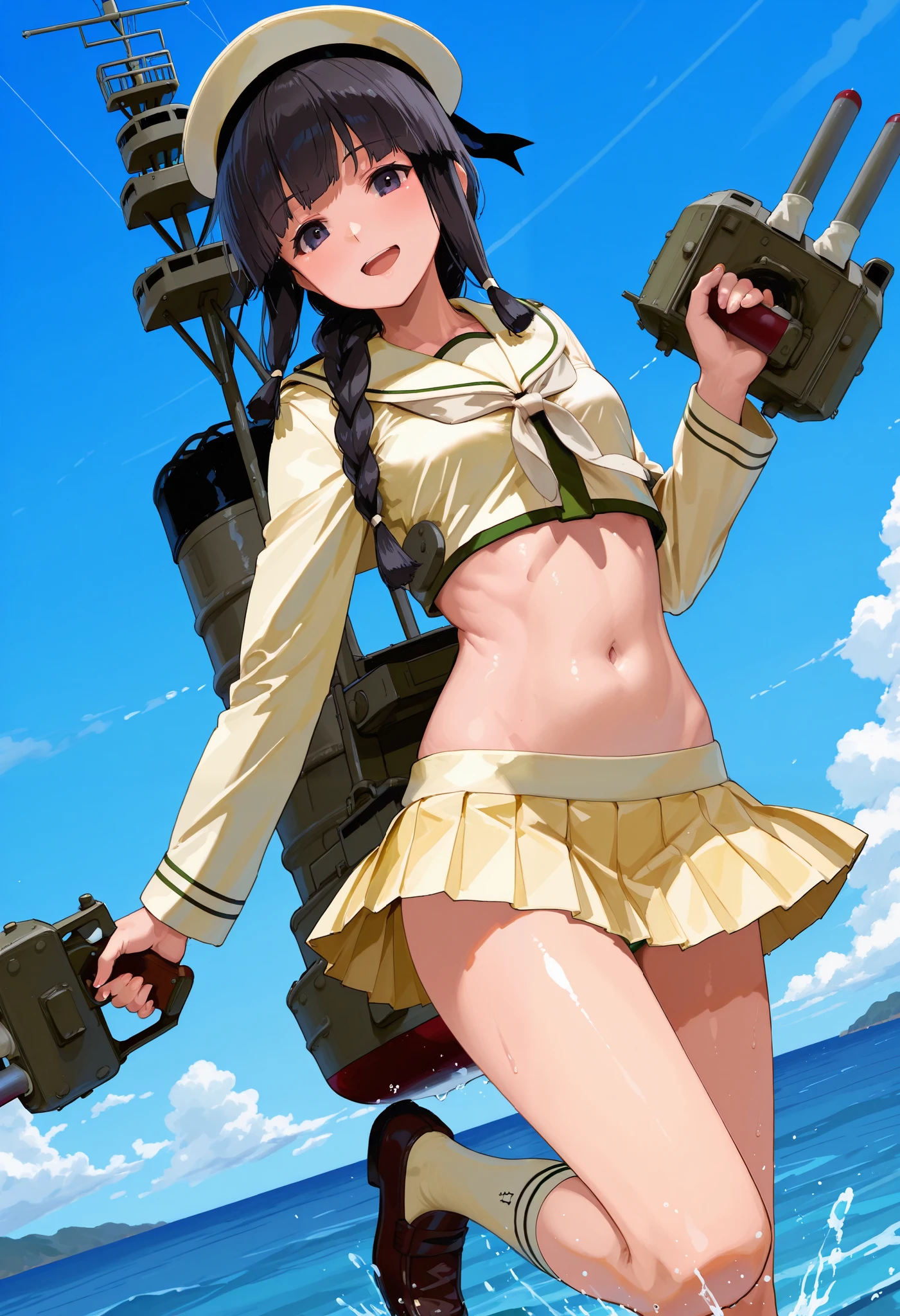 Kitakami [Kai Ni Outfit] (Kantai Collection), 1 girl, 北superior (KanColle), black hair, pleated skirt, Single Braids, school uniform, long sleeve, long hair, sailor suit, side lock, short bang, Neckerchief, sailor color, Headwear ribbon , belly button, thin waist, superior, knee-high, hair bows, loafers, crop top that rubs your back and chest, chest, hair hanging over the shoulders, dark eyes, yellow skirt over swim ring, cowboy shooting, black hair, torpedo, school uniform, pleated skirt, long hair, sailor suit, short bang, machine, superior,  Turret , side lock, cannon, cowboy shooting