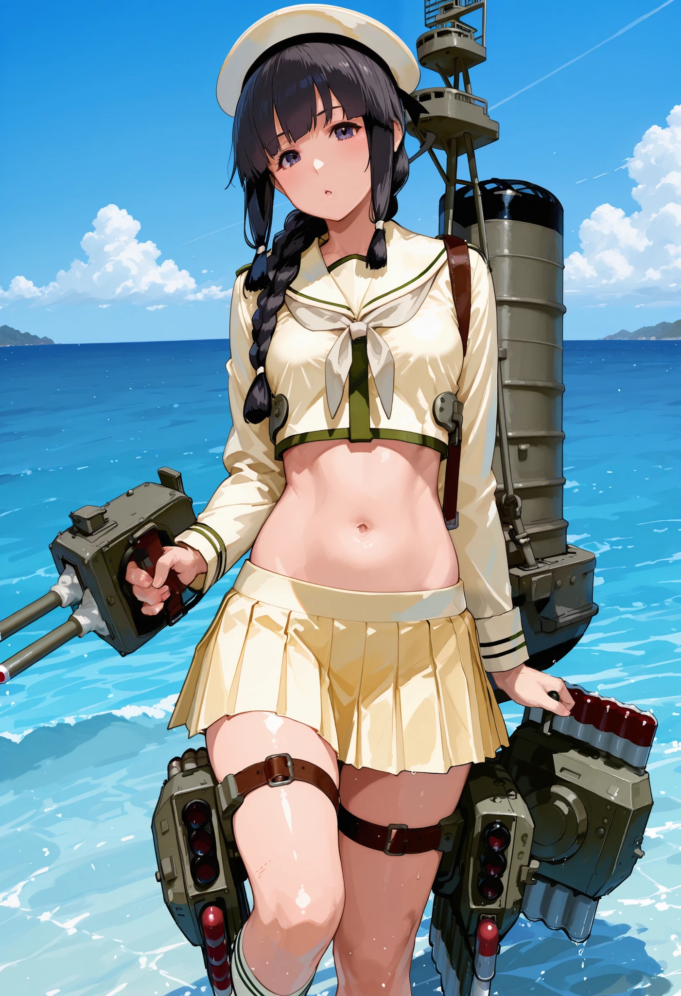 Kitakami [Kai Ni Outfit] (Kantai Collection), 1 girl, 北superior (KanColle), black hair, pleated skirt, Single Braids, school uniform, long sleeve, long hair, sailor suit, side lock, short bang, Neckerchief, sailor color, Headwear ribbon , belly button, thin waist, superior, knee-high, hair bows, loafers, crop top that rubs your back and chest, chest, hair hanging over the shoulders, dark eyes, yellow skirt over swim ring, cowboy shooting, black hair, torpedo, school uniform, pleated skirt, long hair, sailor suit, short bang, machine, superior,  Turret , side lock, cannon, cowboy shooting