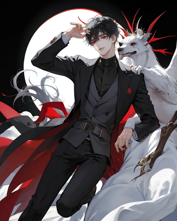 1 boy，((alone)),adult ，suit、blood、Hold your mouth with your hands、impatience