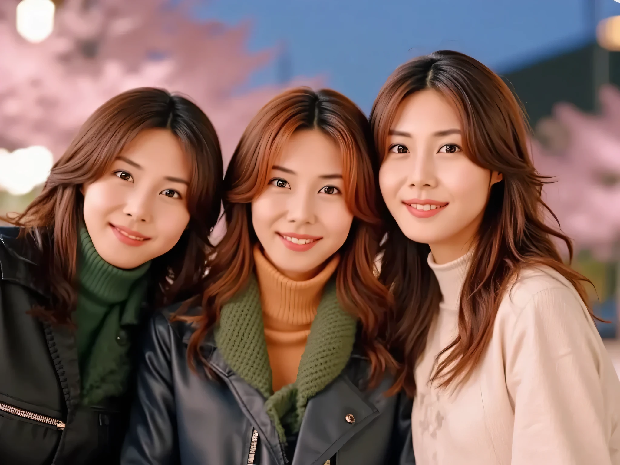 (Highest quality、Highest quality、highest resolution from vagina、masterpiece、very detailed:1.2)、(3 japanese women are taking a selfie with an ultra-wide angle lens on my smartphone)、(smiling cutely at the camera:1.1)、(cute:1.2)、(long curly blond hair、 Clear, beautiful white skin、Thick and beautiful makeup :1.2)、small breasts、thin waist、Sexy beautiful legs、tiny butts、(Wearing a random jacket:1.2)、(Enjoy cherry blossom viewing while sitting under a cherry tree at night.:1.2)、( they all rub their bodies and touch each other.:1.5)、(A park with cherry blossoms in full bloom.:1.5)、pantyhorse