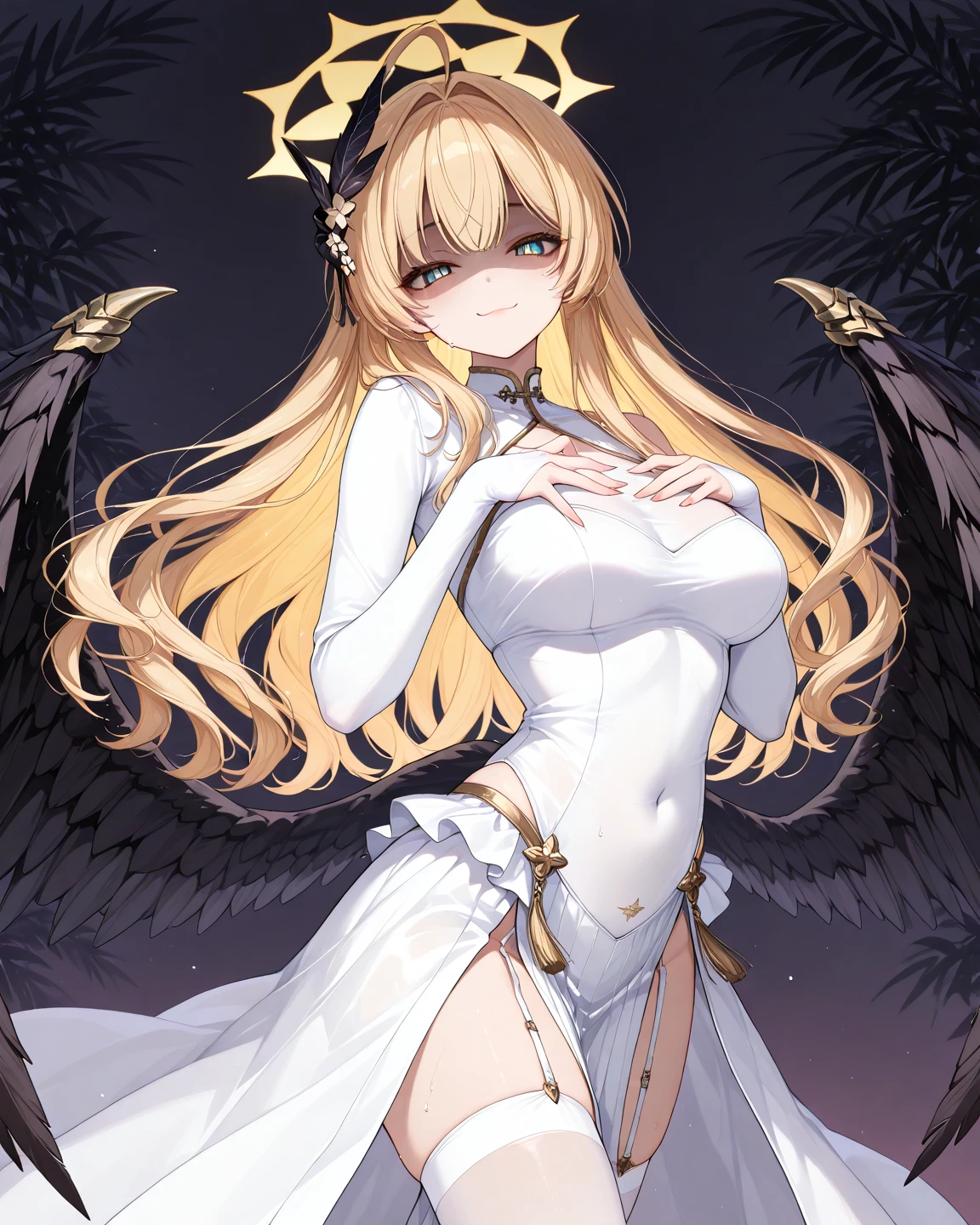 1girl, purple color eyes, looking at viewer, solo, white bikini, cleavage, angel, angel wings, collarbone, feathered wings, white wings, blonde hair, standing, perfect quality, good quality, masterpiece, HDR, UHD