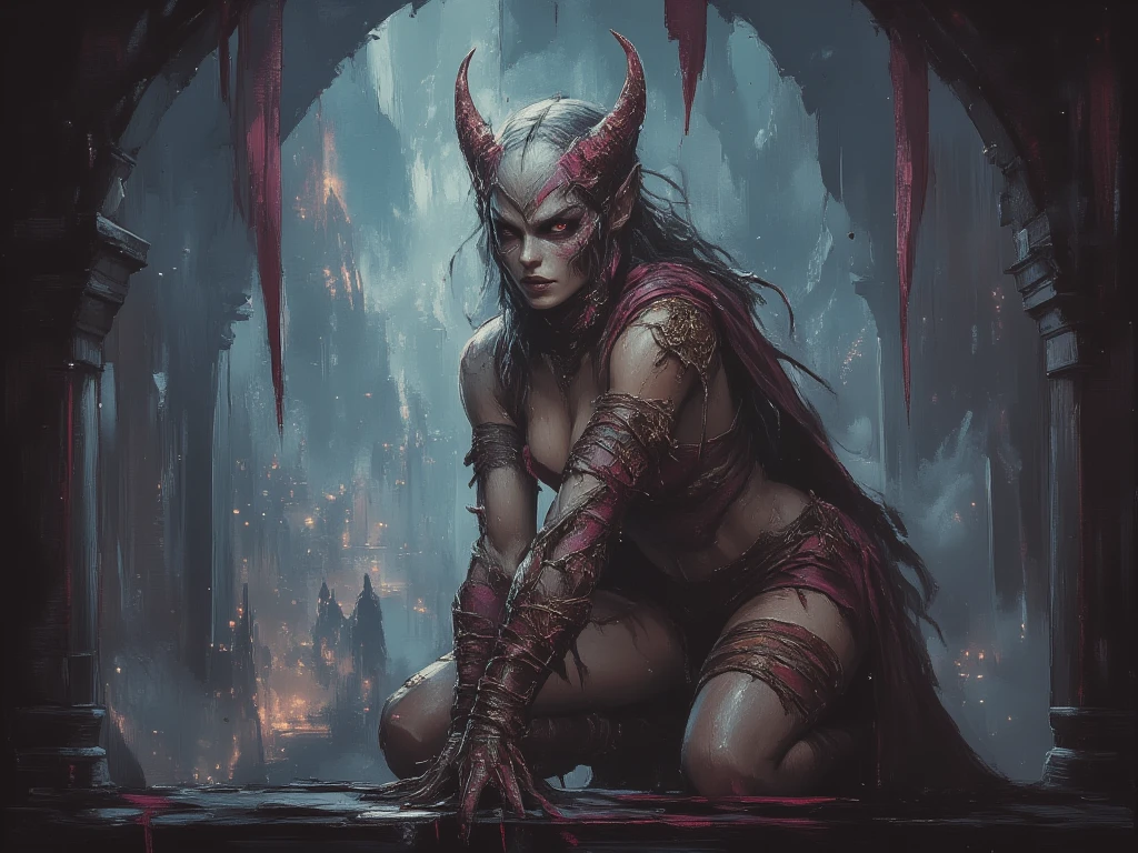 1girl leaning forward
( black demon horn )
wing
detailed eyes
(Gerald Brom,Greg Rutkowski)
muted color
concept art
(best shadow, dramatic lighting)
( masterpiece, ) (best quality)