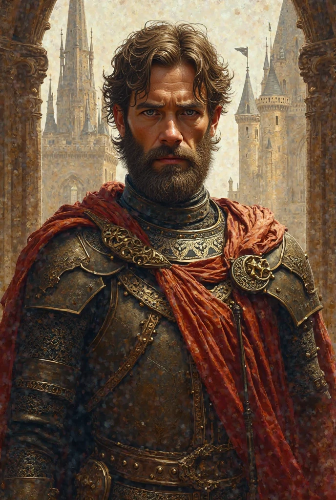 Nicholas cage,villager, Personagem de RPG, fantasia medieval, fechar retrato, Armadura preta, castelo de fundo