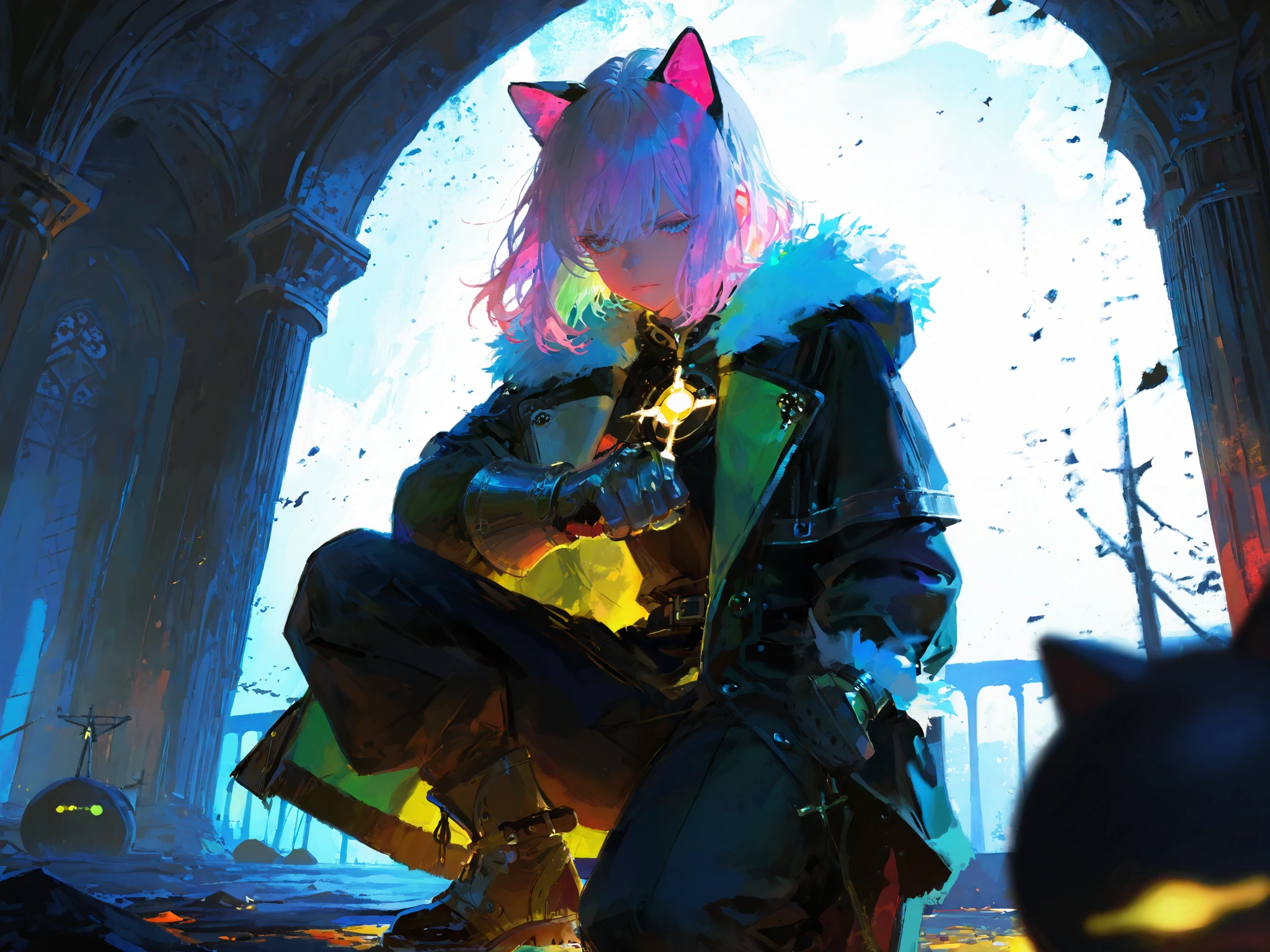 HDR, 8K, high contrast, masterpiece, best quality, amazing quality, very aesthetic, painting artstyle, realistic, newest, hyperdetailed painting, brushstrokes, digital painting,
BREAK
bounce light, hyperdetailed, detailed hair strands, detailed fibers, aesthetic, 8k wallpaper, detailed, masterpiece, best quality, amazing quality, very aesthetic, absurdres, 8K,masterpiece, great colors, color theory, great lighting, great composition, flawless. 1girl, ground_shatter, punch, quasarcake, [ningen mame], (rhasta:0.7), (rella:0.6), angled stance, byzantine armor, fur-trim, coat, baggy pants, standing, __coior__ background, magenta hair, cat ears, tan, single gauntlet, cinematic lighting, dynamic pose, depth of field, detailed background