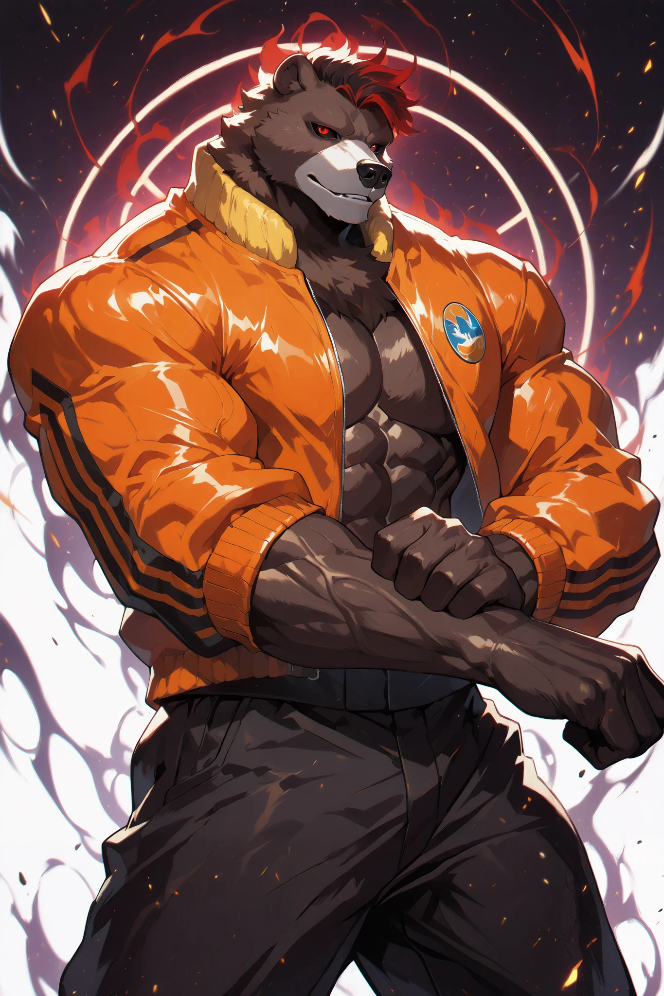 solo, silhouette, shadow of Titan Specter, Male Grizzly Bear Anthro , muscular Male Grizzly Bear Anthro character, wearing a Orange Biker Jacket, wallpaper quality, on a loading screen, fighting stance, solo, aura, waist up, ((human Male Grizzly Anthro body)), Titan Appearance, Black Short hairstyle with Dark red highlights, sinister stare, neon lighting, Red eyes, Black sclera, glowing Red eyes, (Athletic muscles:1.5), Orange jacket, Black Ripped baggy pants, masterpiece,((Simple White background)), correct anatomy, correct hands, best quality,