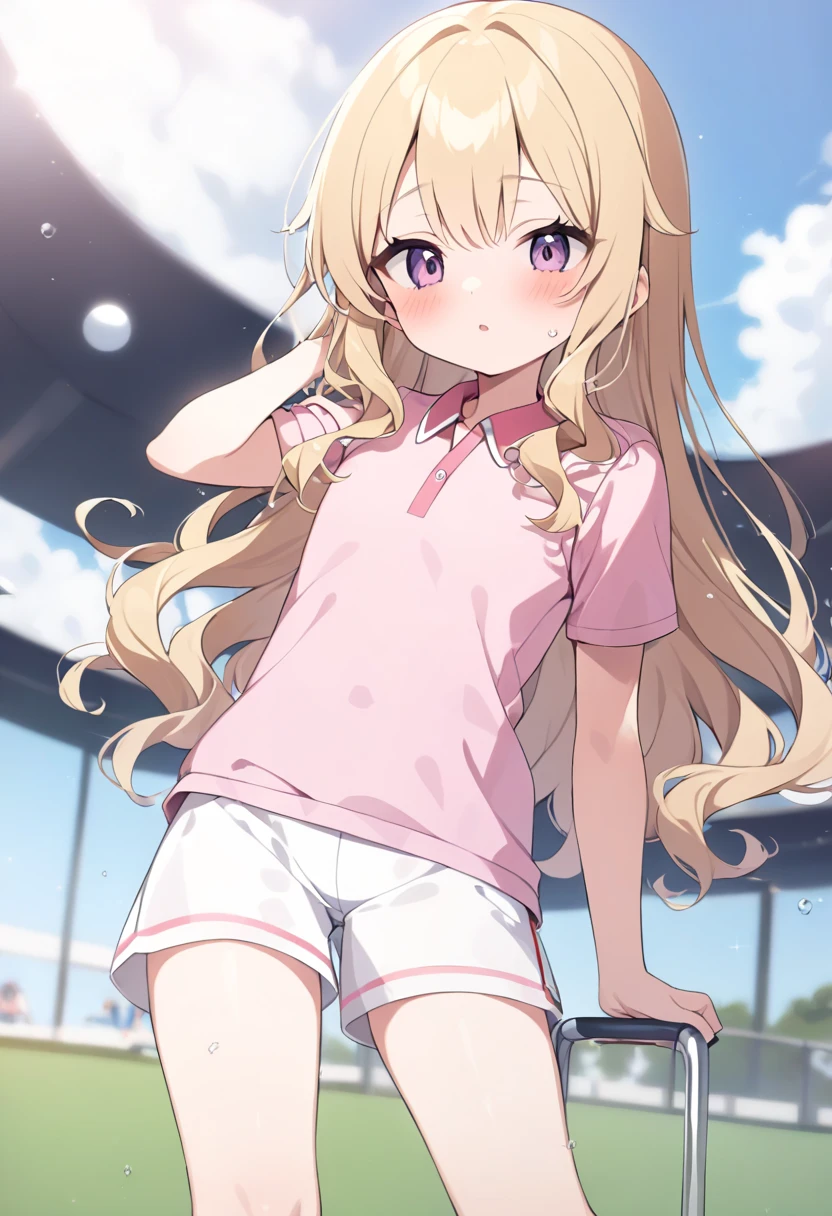 s○l○, 1 girl, highest quality, very detailed, (masterpiece), (illustration), school, outdoor, upper body, face, face focus, from front, , long sleeves, blonde hair, long hair, green eyes, two side up, eyebrows visible through hair, shine, bangs, shine, flat chest,white gym uniform,red bloomers,nude,topless,cum on chest,