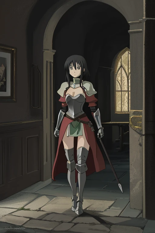 Iron bikini armor, iron crown, bare belly, big breasts, black hair, red eyes