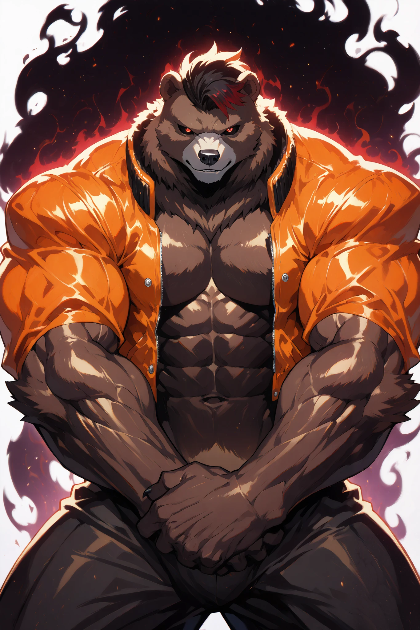solo, silhouette, shadow of Titan Specter, Male Grizzly Bear Anthro , muscular Male Grizzly Bear Anthro character, wearing a Orange Biker Jacket, wallpaper quality, on a loading screen, fighting stance, solo, aura, waist up, ((human Male Grizzly Anthro body)), Titan Appearance, Black Short hairstyle with Dark red highlights, sinister stare, neon lighting, Red eyes, Black sclera, glowing Red eyes, (Athletic muscles:1.5), Orange jacket, Black Ripped baggy pants, masterpiece,((Simple White background)), correct anatomy, correct hands, best quality,