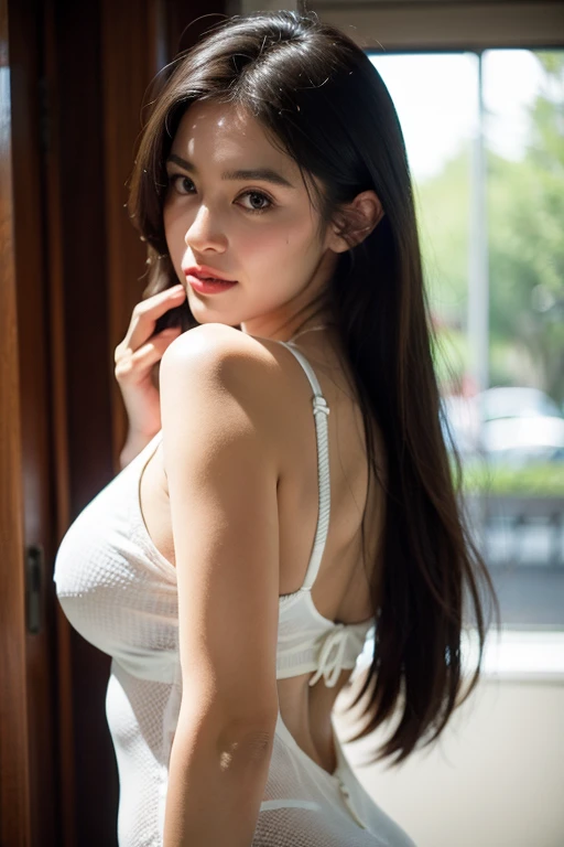 ((best quality)), ((masterpiece)), (detailed), perfect face full-length photo of a woman in a transparent white dress, full breasts, red lips, posing for a photo, braided hair, seductive, seductive photo, attractive beautiful woman, cool handsome man, attractive woman,, woman in real life, perfect woman , hyper realistic anime beautiful women, 4k hyper realistic photos