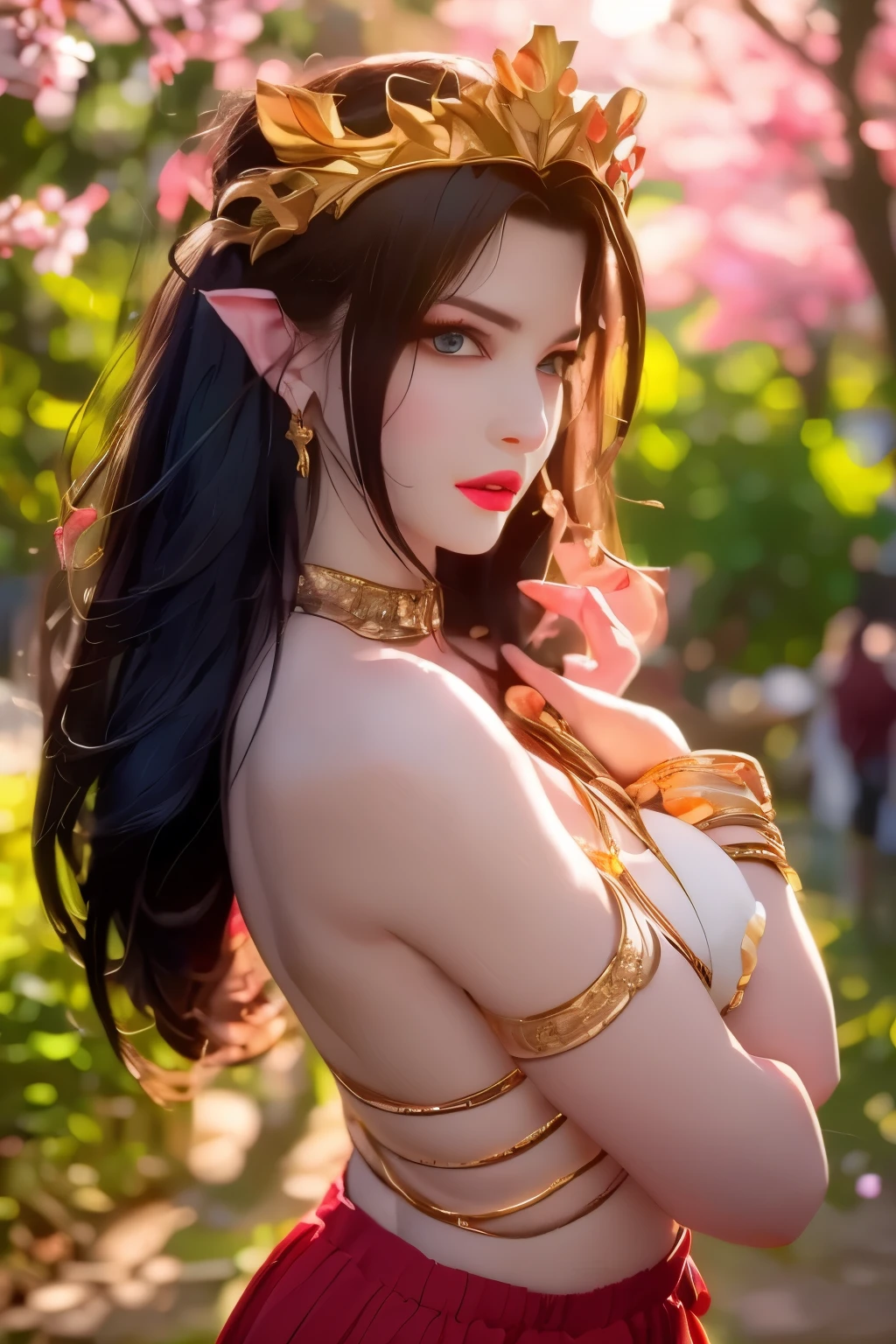 One 20 year old girl, breast 1.1, navel,upper body,bare shoulders,wears red tube top,red skirt, blue gems,shiny skin,hand in own hair,(mature female),milf, beautiful cai lin, deep blue eyes, jet black long hair, face symmetry 8k resolution high quality. background: around the garden surrounded by Sakura trees with fluttering sakura petals,
Image from head to thighs, hourglass figure, bare round shoulders, exposed midriff, a tilak on her forehead,ornamental logo on her forehead, snake crown, necklace, earings with blue gem, long black hair bangs, pointy ears,golden bracelet,Bright lightening under the sun through sakura canopy. High quality 16k resolution,( HDR :1.5), cinematic look, ultra-detailed,ultra lightening, (photorealistic :1.2), long thin straight eyelashes, dense black eyelashes,sharp eyes, diamond shaped head, straight nose, closed heart shaped lips, front view pose looking at viewer, sexy,