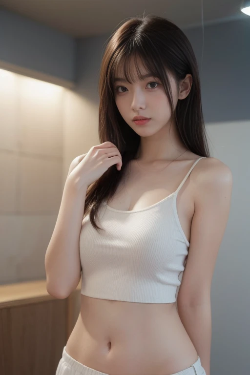 (Highest quality, 8K, masterpiece:1.2, RAW Photos), Standing in a gorgeous room, (( beautiful girl, Baby Face)) body line, (A perfect 8-head-tall beautiful girl), (Small and slender figure), (Short Hair), Cute smiling face with mouth closed, Gaze at the viewer, blush, ((Captivating Lips:1.2)), (Small breasts), (Small beautiful hard nipples), ((Demon Slayer camisole and mini pleated skirt:1.2)), (Dynamic Pose:1.4), (Reality:1.37), (Detailed eyes and face:1.2, Professional photography techniques, Cinema Lighting), (Small and beautiful hands)