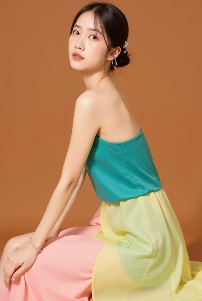 ((Best picture quality, 8K, tmasterpiece:1.3)), 1girll, Casual hairstyle, （off-shoulder blouse，Short pleated skirt：1.3）,（wet see through clothes：1.4），Ultra-fine face, A detailed eye, 二重まぶた，（long leges：1.4），（athletic sneakers：1.3）Erlang legs，Sit sideways on a high platform