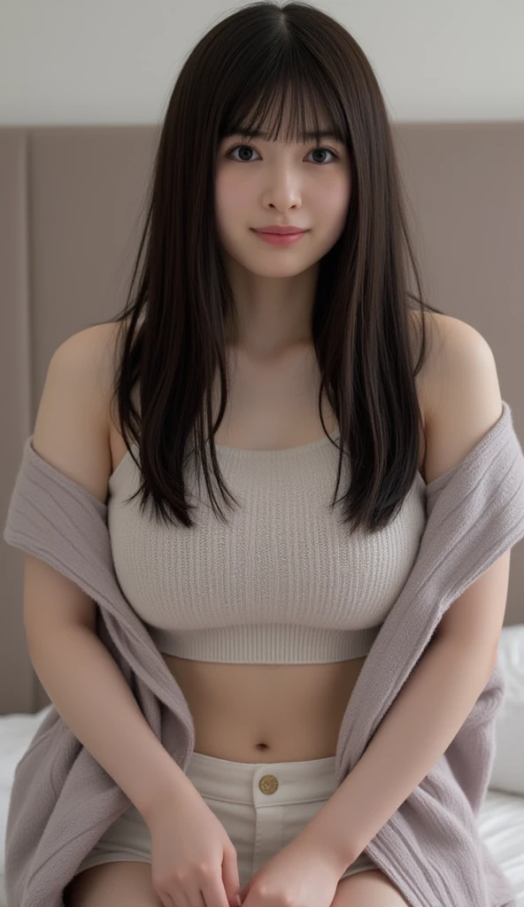Asian、model、Black Hair、Long Hair、Big Breasts、Topless、Knitted T-shirt、A woman lifting her clothes to reveal her breasts