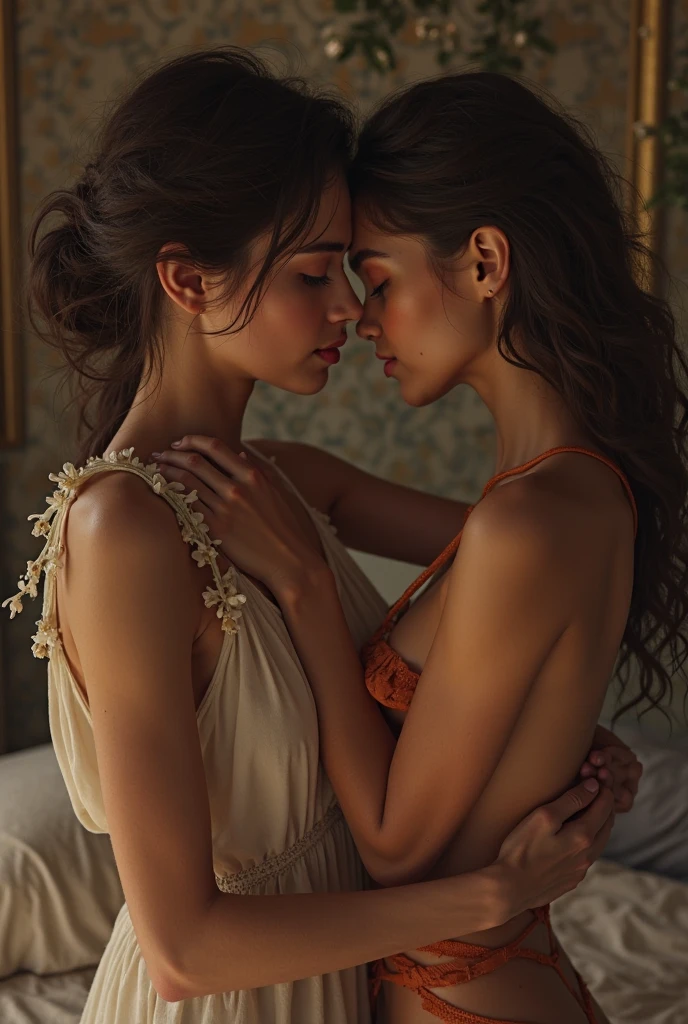 2 lesbians Girls, Dark brown hair, crystal brown eyes,13 year old skinny nude 1 and 24 year old nude teene butt,round sized breasts,Open legs, Smooth knees, ponytail, longhair, bedsheet,silk gold and black printed shawl and similar design bedsheet and laying nude in royal luxury silk bed,full nude body no bra.(best quality ,masterpiece,ultra high res,(photo realistic:1.4), Beautiful mature Women with Perfect Figure: 1.4, Slender Abs: 1.2, round juicy bouncy boobs, (Long pony Hair)), Highly detailed,Detailed Face and Skin and makeup, (Pose Seductive, whole shawl wearing on full nude laying on same design silk printed bed,forward leaning posture,View from behind)