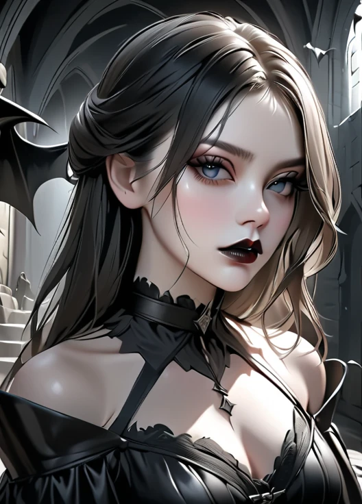 (3/4 body shot:1.6), (Masterpiece, photorealistic, photorealism, best quality, ultra-detailed:1.3), (nice hands, perfect hands), official art, cinematic light, (1girl:1.3), (solo:1.4), adult, (hyper realism), retro art style, full moon, village, Mavis Dracula, teeth, blush, smile, young female, medium breasts, (emo:1.7), (black eyelashes, light blue eyes, eyeliner, black lipstick:1.5), diamond earrings, (black hair:1.5), staring, dark evil, night, ambient candlelight , hotel Transylvania, (bat), depth of field