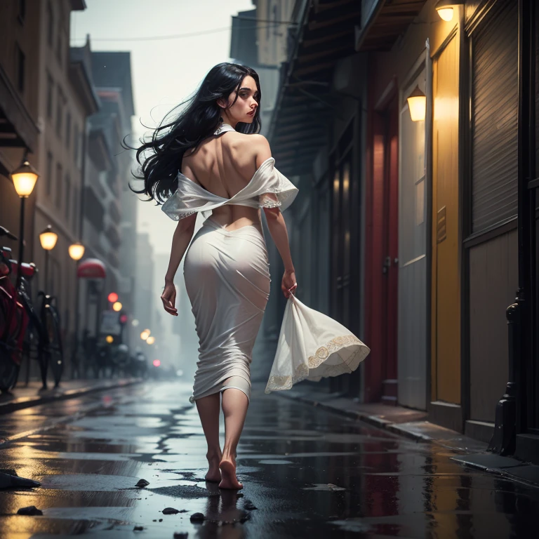 ((intricate details)),Dark fantasy (/style/), dark mood, (beautiful European succubus girl, long hair), (sexy white lace outfit), (excited expression), muted colors, sharpness, cinematic, (pose walking, Dynamic pose from behind looking at the camera showing her sexy legs in white silk tights), trending on Artstation, (majestic oil painting by Ed Blinkey, atey ghailan, by Jeremy Mann, Greg Manches),NSFW, style of ohwx, (beautiful symmetrical swollen eyes), indian,kiara advani, ((((naked))))