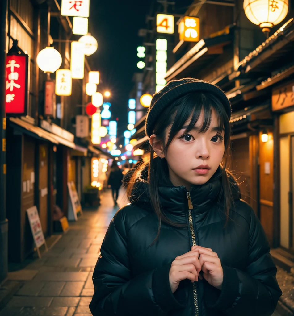 full bodyesbian, Wear colorful kimonos, 7 years old, 7 year old Japanese petite kid on a dark city street, Dark creepy streets, Petite girl, flatchest, Petite figure, Short black hair, Exposing the abdomen, midriff exposed, small tits, ((big breasts thin waist)), a small face,Barefoot,Naked