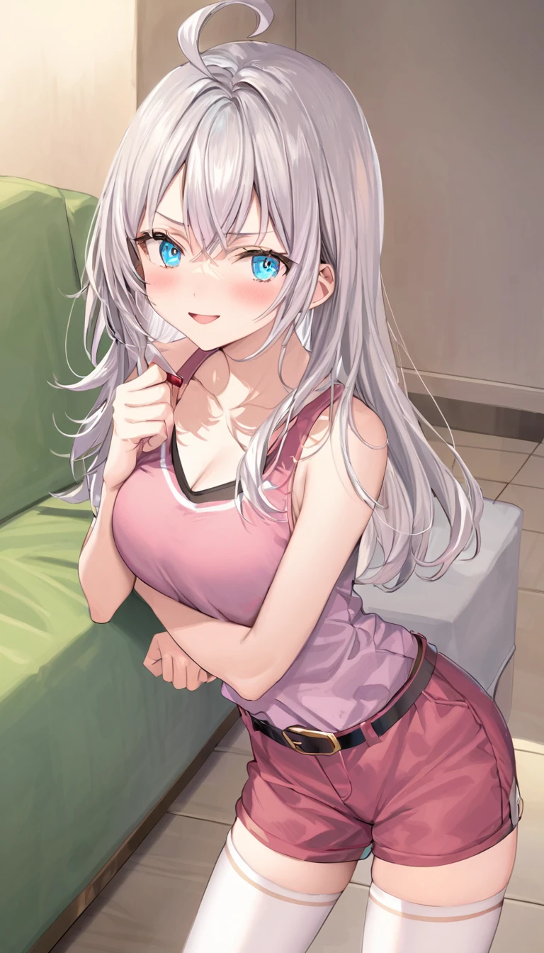 Top quality, (masterpiece: 1.2), very detailed, own room, 1 girl, solo, (muse), smile, watch viewer, gray hair, circle of angels, short hair, hair ornament, green eyes, light in the eyes, white underwear, in the middle of changing clothes, realistic, from the knees up, glowing skin, fair skin, ultra-realistic, realistic, portrait, blur,